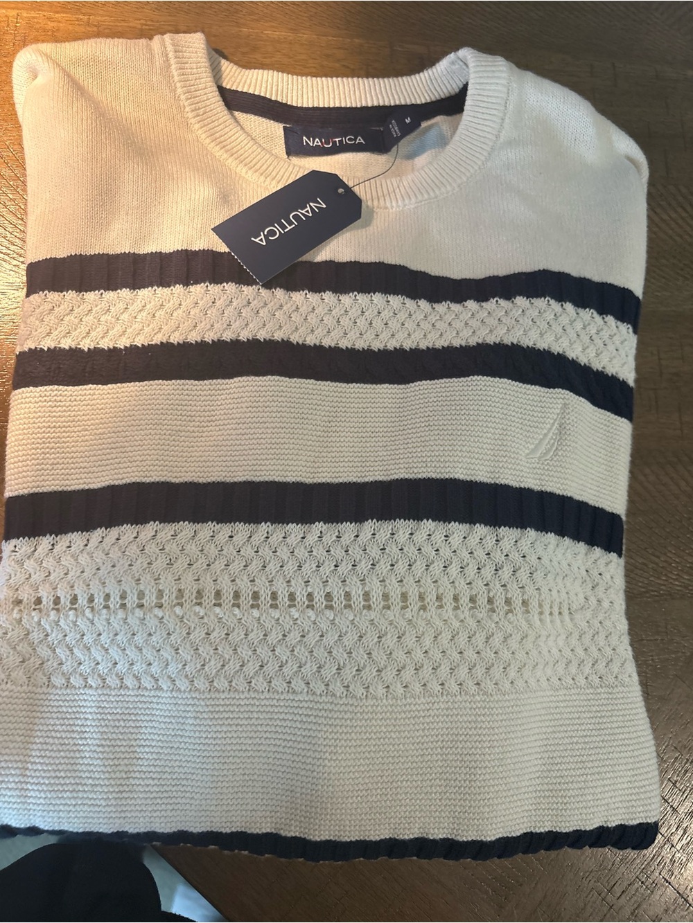 Nautica Men’s Cream Crewneck Sweater with Navy Stripes
